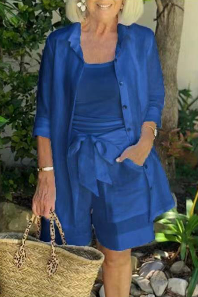 Casual Solid Patchwork Turndown Collar Three Quarter Two Pieces（4 colors）