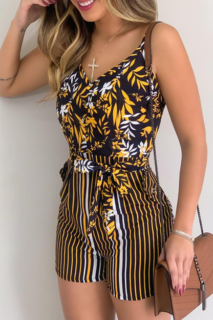Casual Print Patchwork Spaghetti Strap Straight Rompers