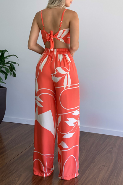 Fashion Print Patchwork Spaghetti Strap Straight Jumpsuits(5 colors)