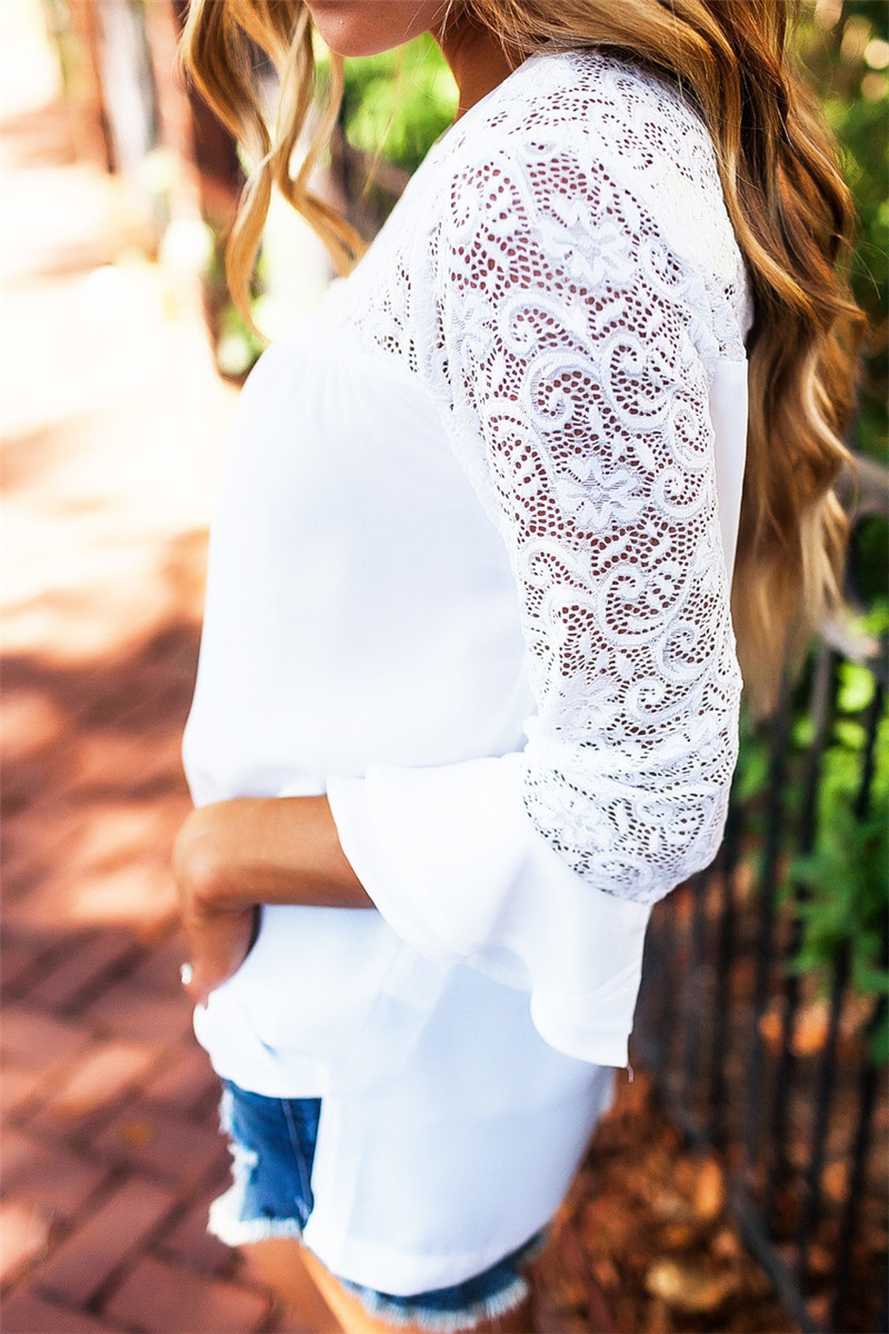 Casual Solid Lace O Neck Tops(4 Colors)