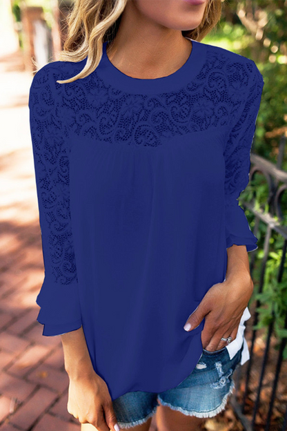 Casual Solid Lace O Neck Tops(4 Colors)