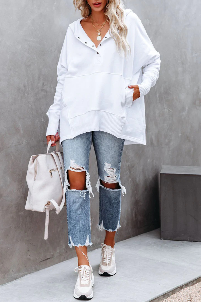 Casual Solid Buckle Hooded Collar Tops