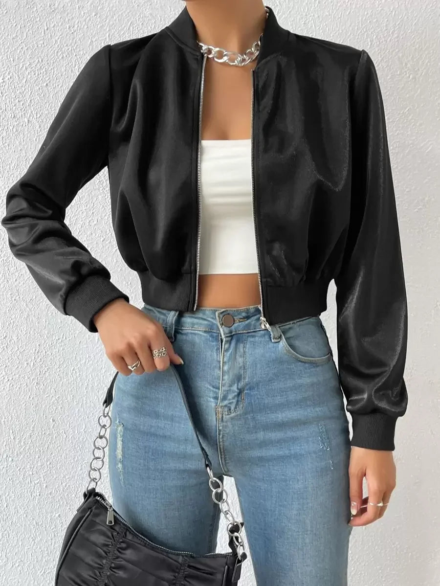 Solid Zip Up Crop Bomber Jacket With Baseball Collar
