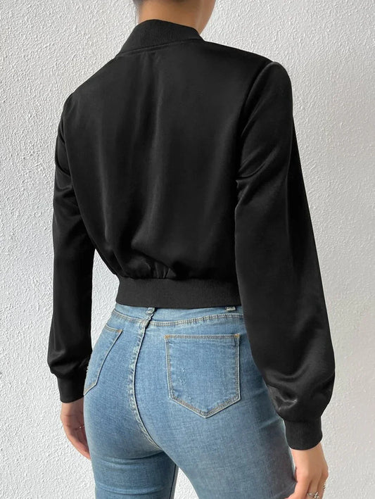 Solid Zip Up Crop Bomber Jacket With Baseball Collar