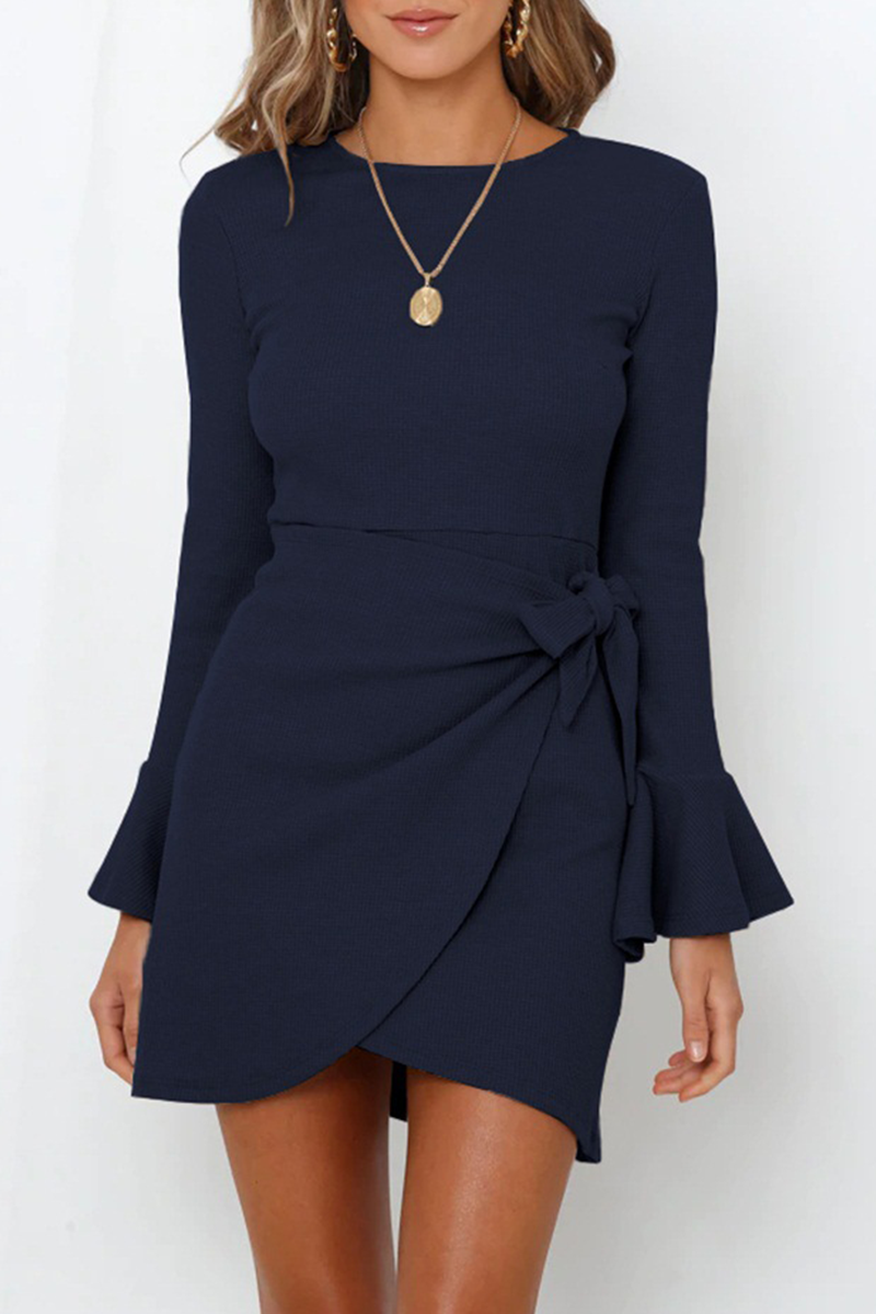 Rib Knit Crew Neck Bell Cuff Wrap Tie Tulip Hem Mini Dress