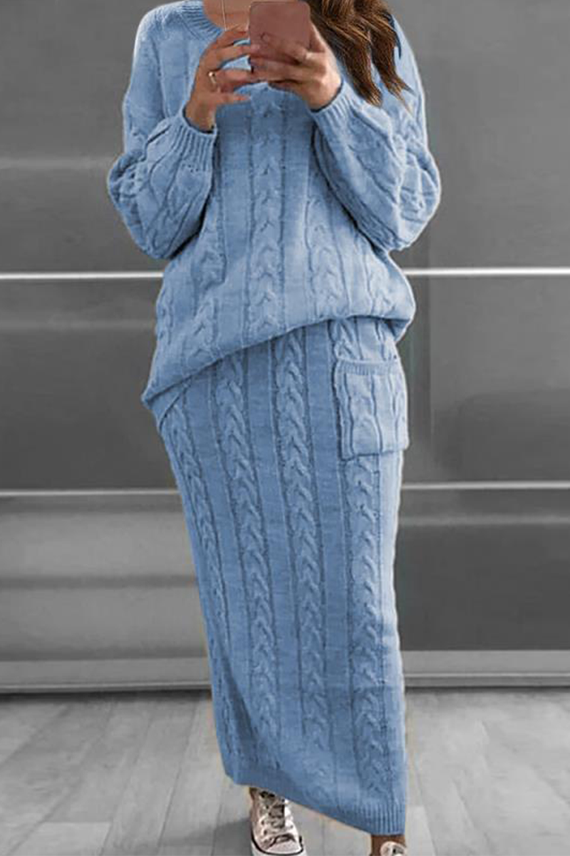 Fashion Solid Patchwork O Neck Long Sleeve Two Pieces(12 Colors)