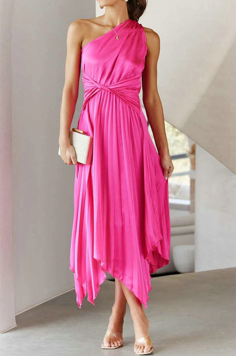 One Shoulder Accordion Pleat Twist Waist Asymmetrical Hem Midi Dress