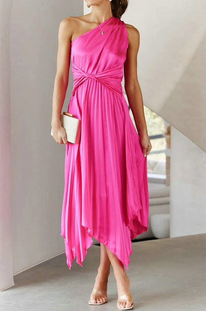 One Shoulder Accordion Pleat Twist Waist Asymmetrical Hem Midi Dress