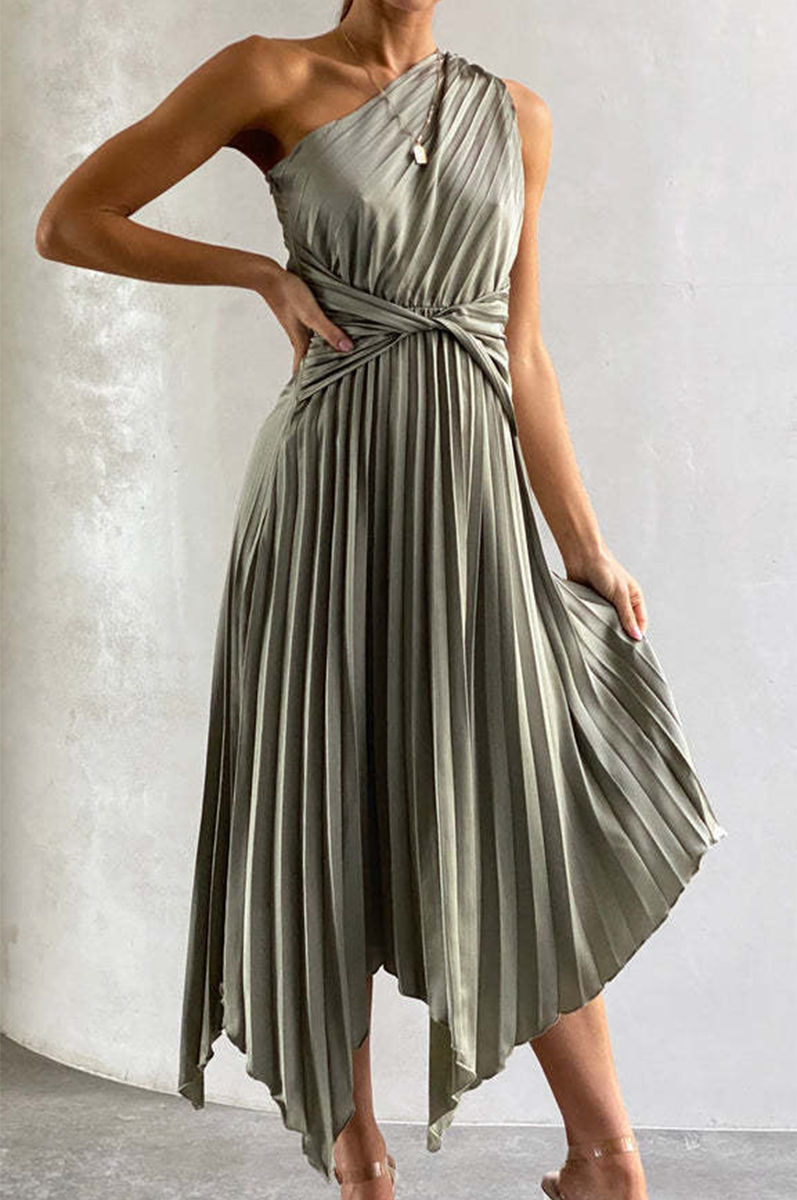 One Shoulder Accordion Pleat Twist Waist Asymmetrical Hem Midi Dress