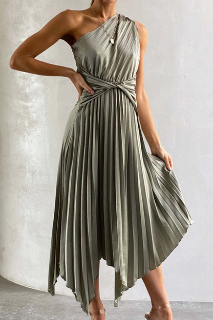 One Shoulder Accordion Pleat Twist Waist Asymmetrical Hem Midi Dress