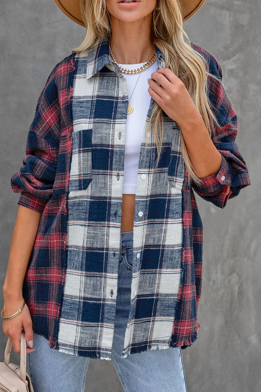 Casual Plaid Patchwork Turndown Collar Tops