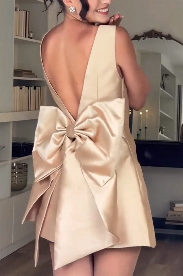 Square Neck Satin Oversized Back Bow Plunge Back Mini Dress