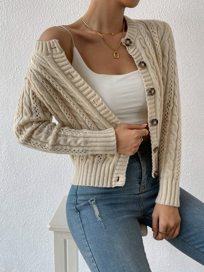 Apricot Eyelet Cable Knit Cardigan Long Sleeve