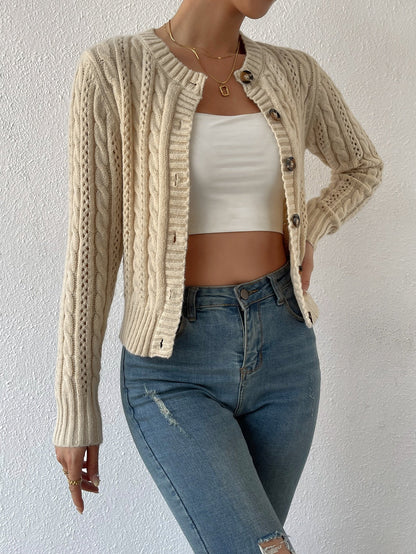 Apricot Eyelet Cable Knit Cardigan Long Sleeve