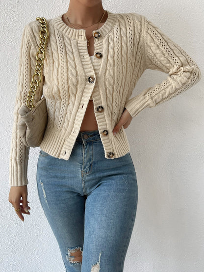 Apricot Eyelet Cable Knit Cardigan Long Sleeve