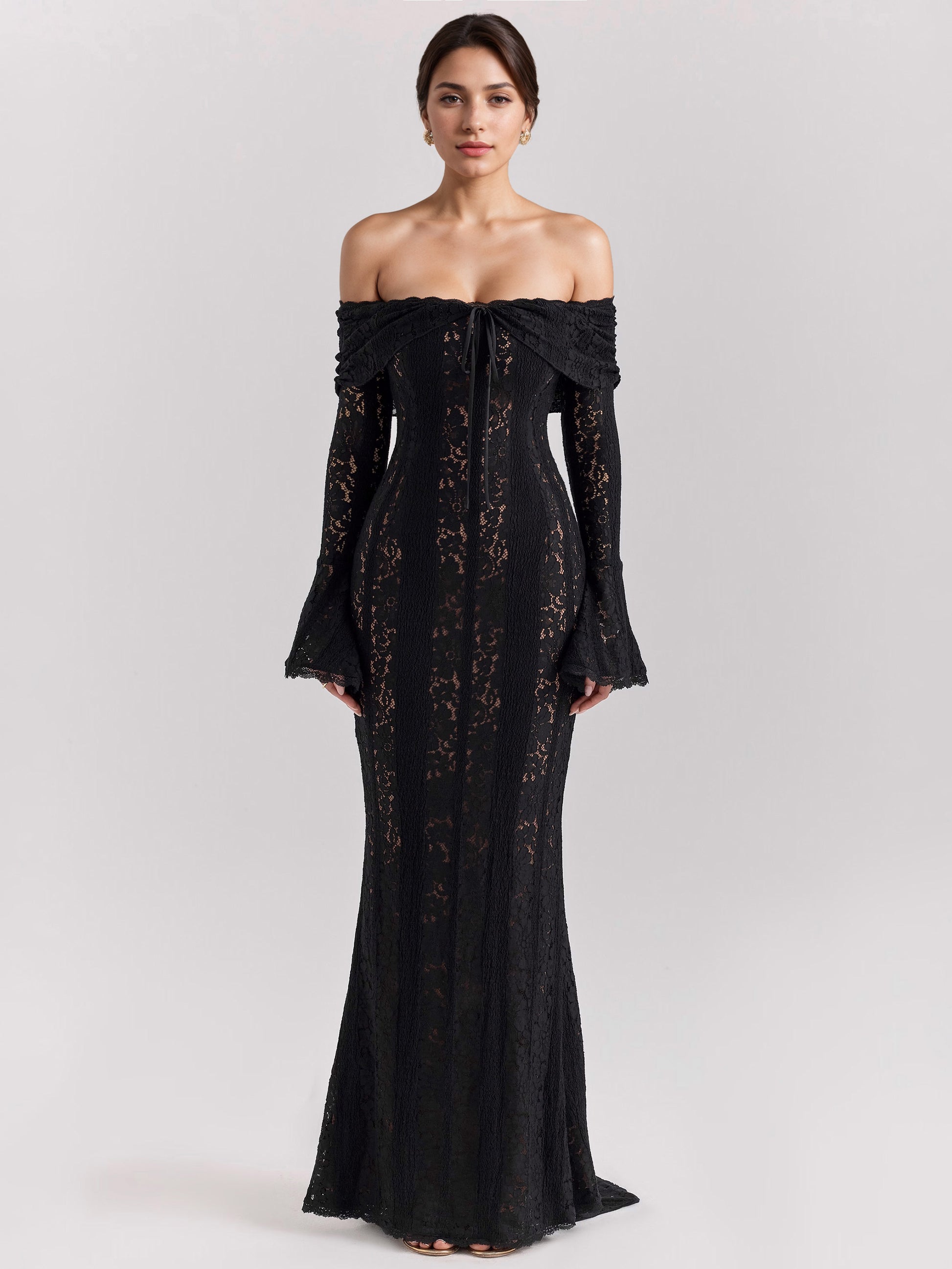 Black Floral Lace Maxi Dress Off Shoulder Bell Long Sleeve Mermaid Bodycon Dress For Women 2026