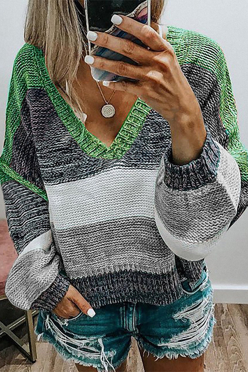 Casual Sweet Color Block Patchwork V Neck Sweaters(4 Colors)
