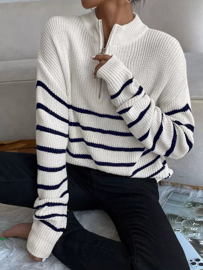 Autumn Striped Zip Up Drop Shoulder Long Sleeve Pullover