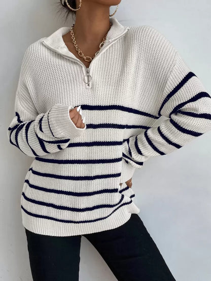 Autumn Striped Zip Up Drop Shoulder Long Sleeve Pullover