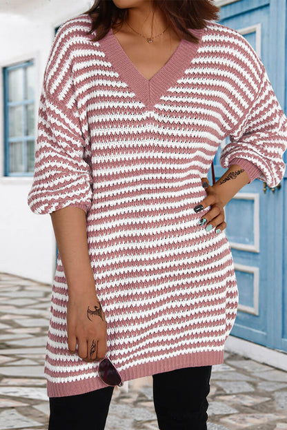 Plaid Striped Patchwork V Neck Long Sleeve Dresses