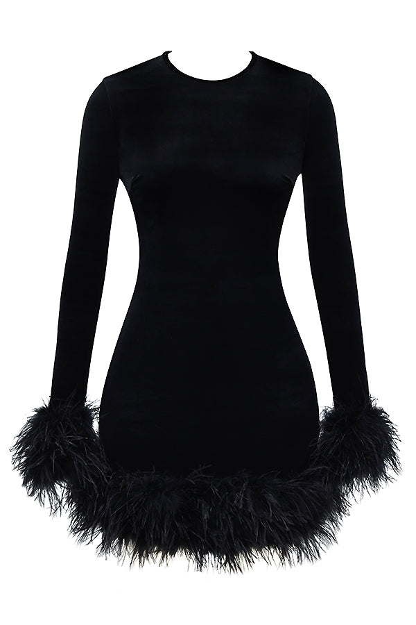 Velvet Long Sleeve Feather Trim Bodycon Mini Cocktail Dress