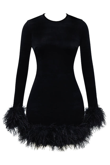 Velvet Long Sleeve Feather Trim Bodycon Mini Cocktail Dress