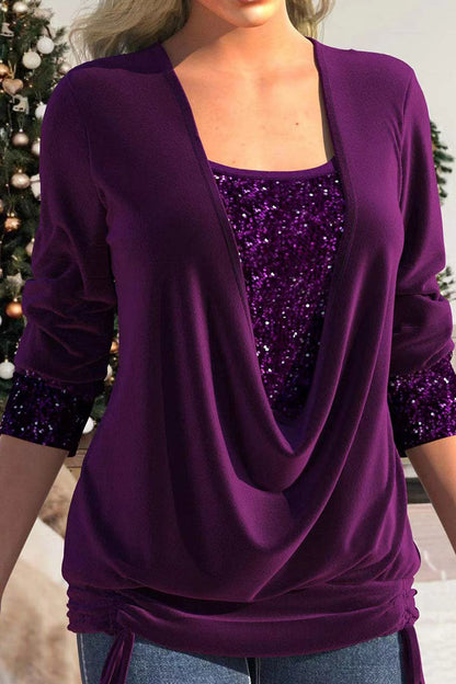 Casual Solid Sequins Patchwork Asymmetrical Collar Tops(8 Colors)