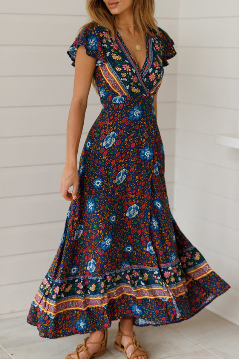 Sexy Elegant Print V Neck A Line Dresses(10 Colors)
