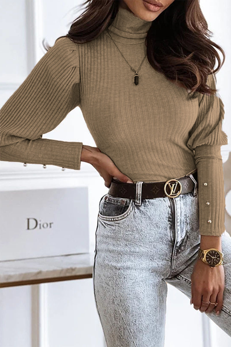 Casual Solid Buckle Fold Turtleneck Tops(3 Colors)
