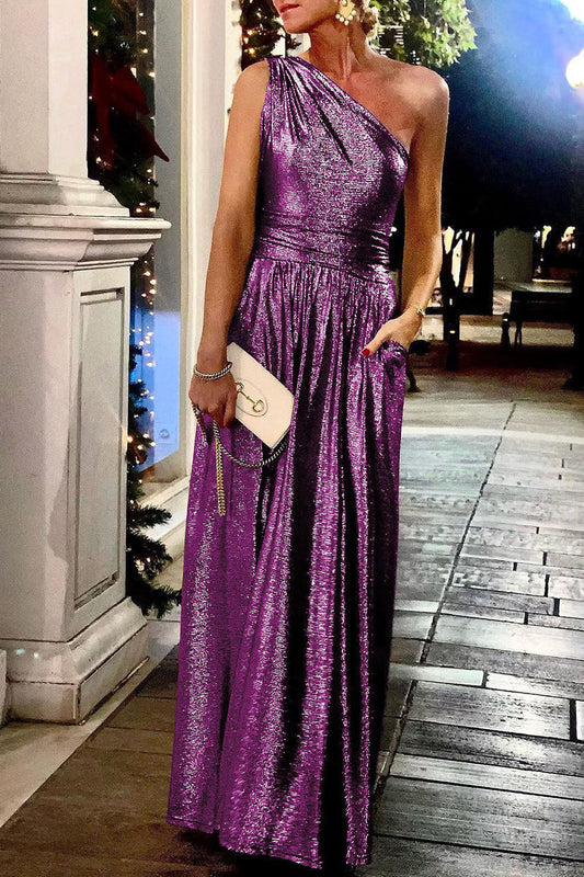 Sexy Elegant Solid Bronzing Sequined Oblique Collar Evening Dress Dresses(2 Colors)