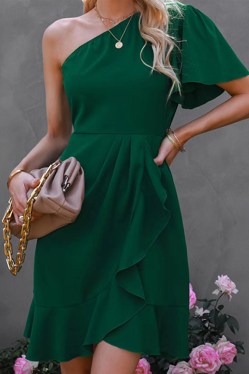 One-Shoulder Flutter Sleeve Cascading Ruffle Faux-Wrap Mini Dress