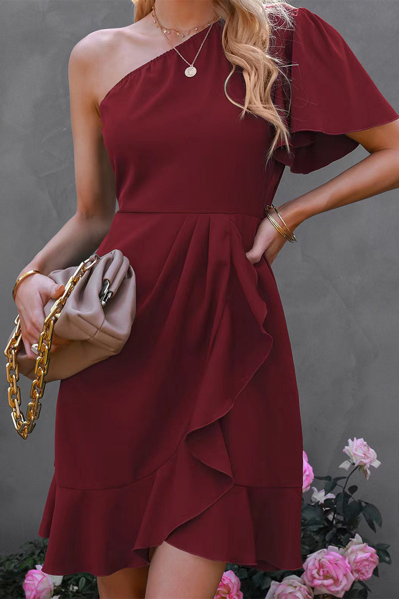 One-Shoulder Flutter Sleeve Cascading Ruffle Faux-Wrap Mini Dress
