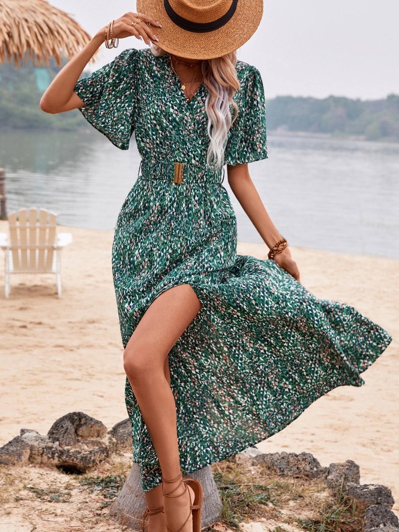 Print Wrap V-Neck Flutter Sleeve Belted High-Slit Maxi Dress