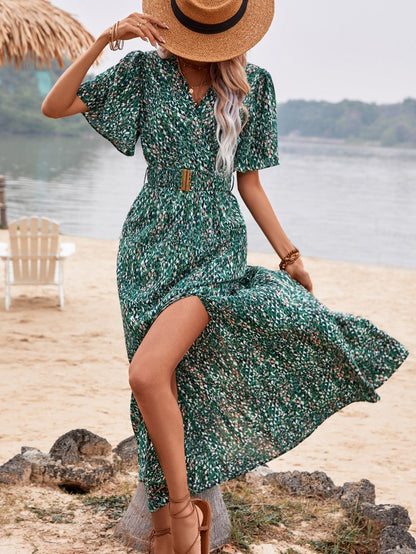 Print Wrap Flutter Sleeve Belted High Slit Maxi Dress