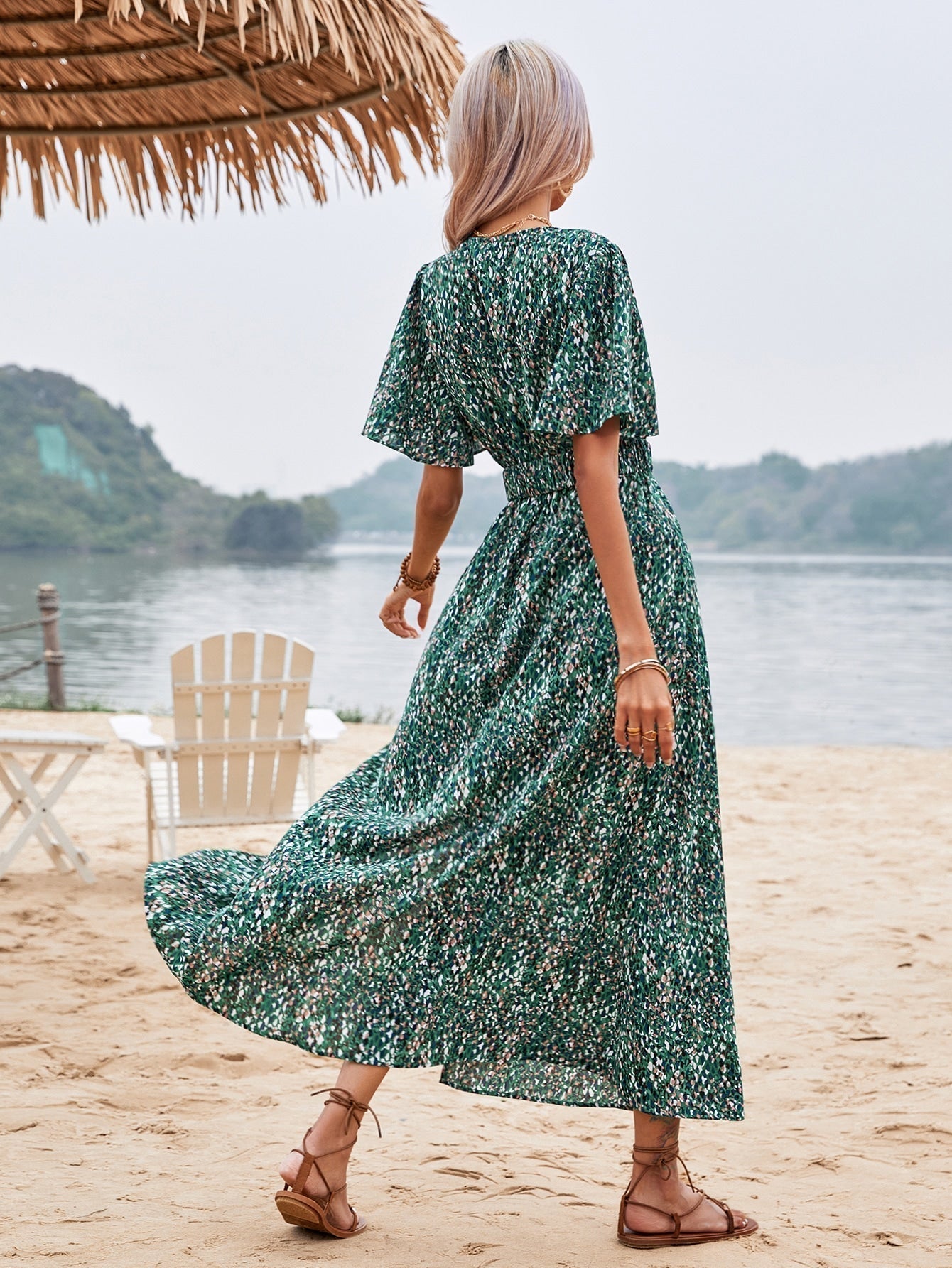 Print Wrap V-Neck Flutter Sleeve Belted High-Slit Maxi Dress