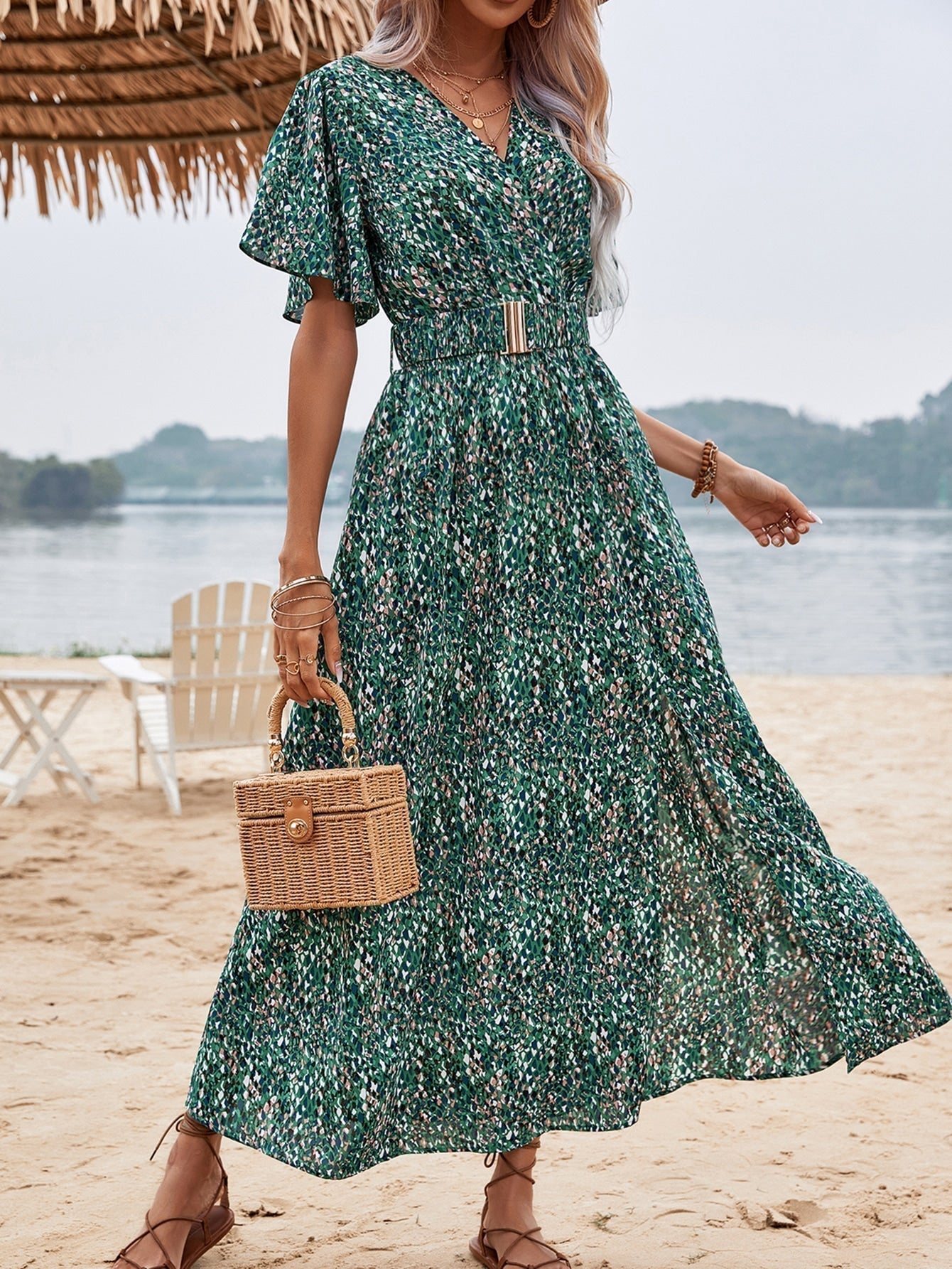 Print Wrap Flutter Sleeve Belted High Slit Maxi Dress