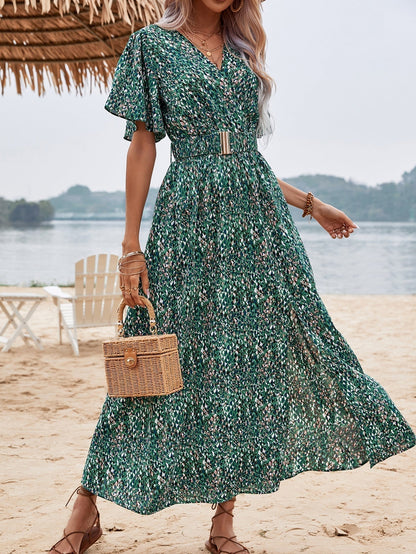 Print Wrap V-Neck Flutter Sleeve Belted High-Slit Maxi Dress
