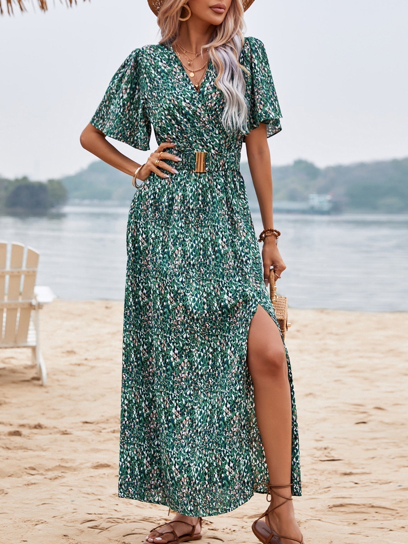 Print Wrap V-Neck Flutter Sleeve Belted High-Slit Maxi Dress