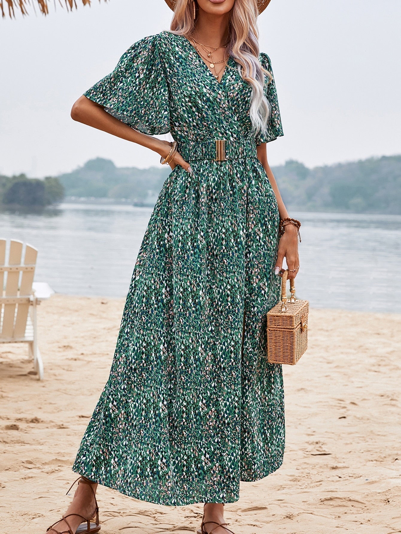 Print Wrap Flutter Sleeve Belted High Slit Maxi Dress