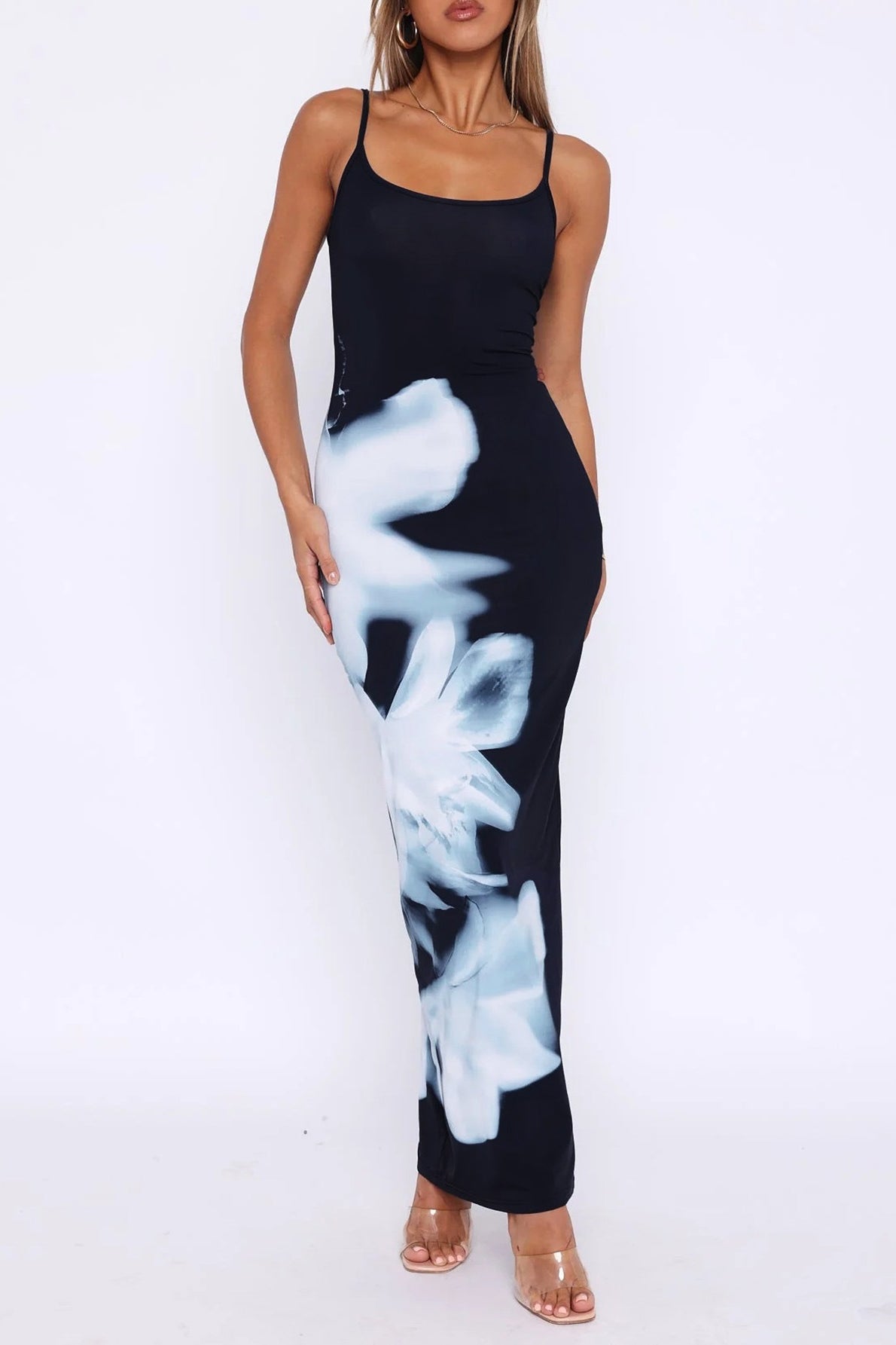 Floral Print Square Neck Spaghetti Strap Bodycon Maxi Dress