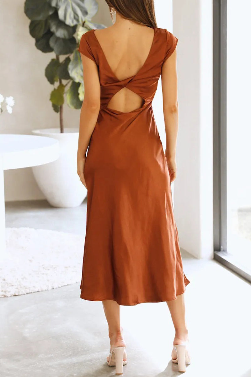 Satin Boat Neck Cap Sleeve Bias Cut Midi Dress