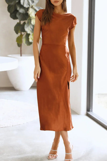 Satin Boat Neck Cap Sleeve Bias Cut Midi Dress