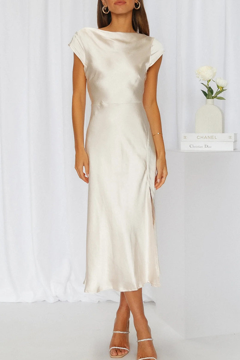 Satin Boat Neck Cap Sleeve Bias Cut Midi Dress