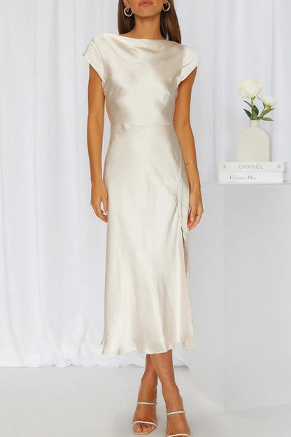 Satin Boat Neck Cap Sleeve Bias Cut Midi Dress