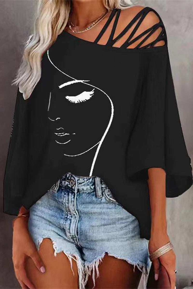 Women's Printed Oversized T-Shirt – Casual Slanted Collar Graphic Top