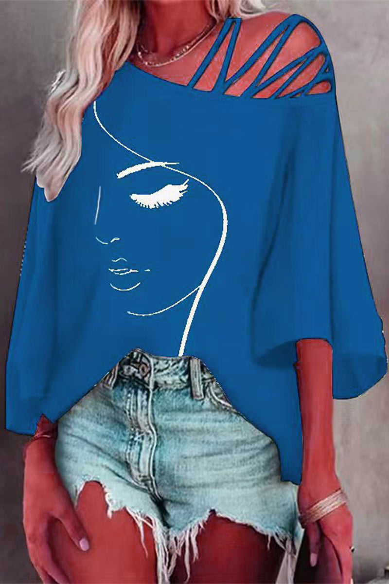 Women's Printed Oversized T-Shirt – Casual Slanted Collar Graphic Top
