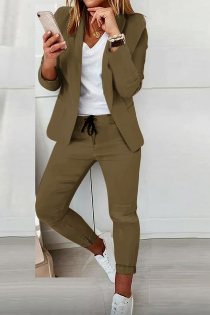 Casual Solid Turndown Collar Long Sleeve Two Pieces(10 colors)