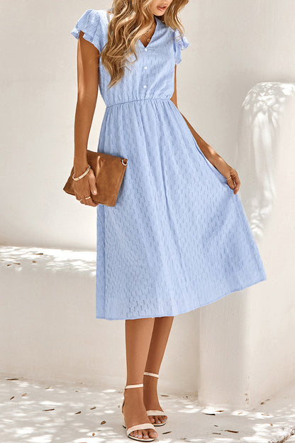 Clip Dot V-Neck Button Front Flutter Sleeve Cinched Waist A-Line Midi Dress