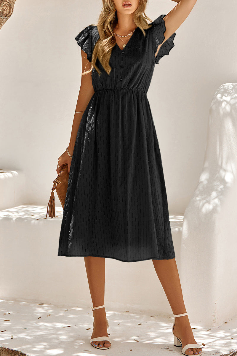 Clip Dot V-Neck Button Front Flutter Sleeve Cinched Waist A-Line Midi Dress
