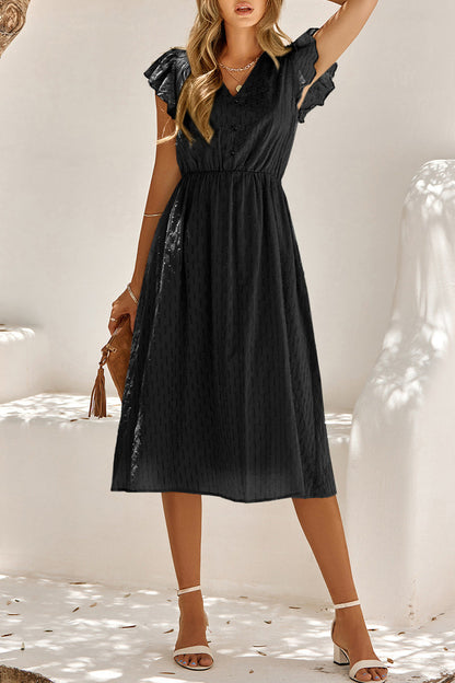 Clip Dot V-Neck Button Front Flutter Sleeve Cinched Waist A-Line Midi Dress